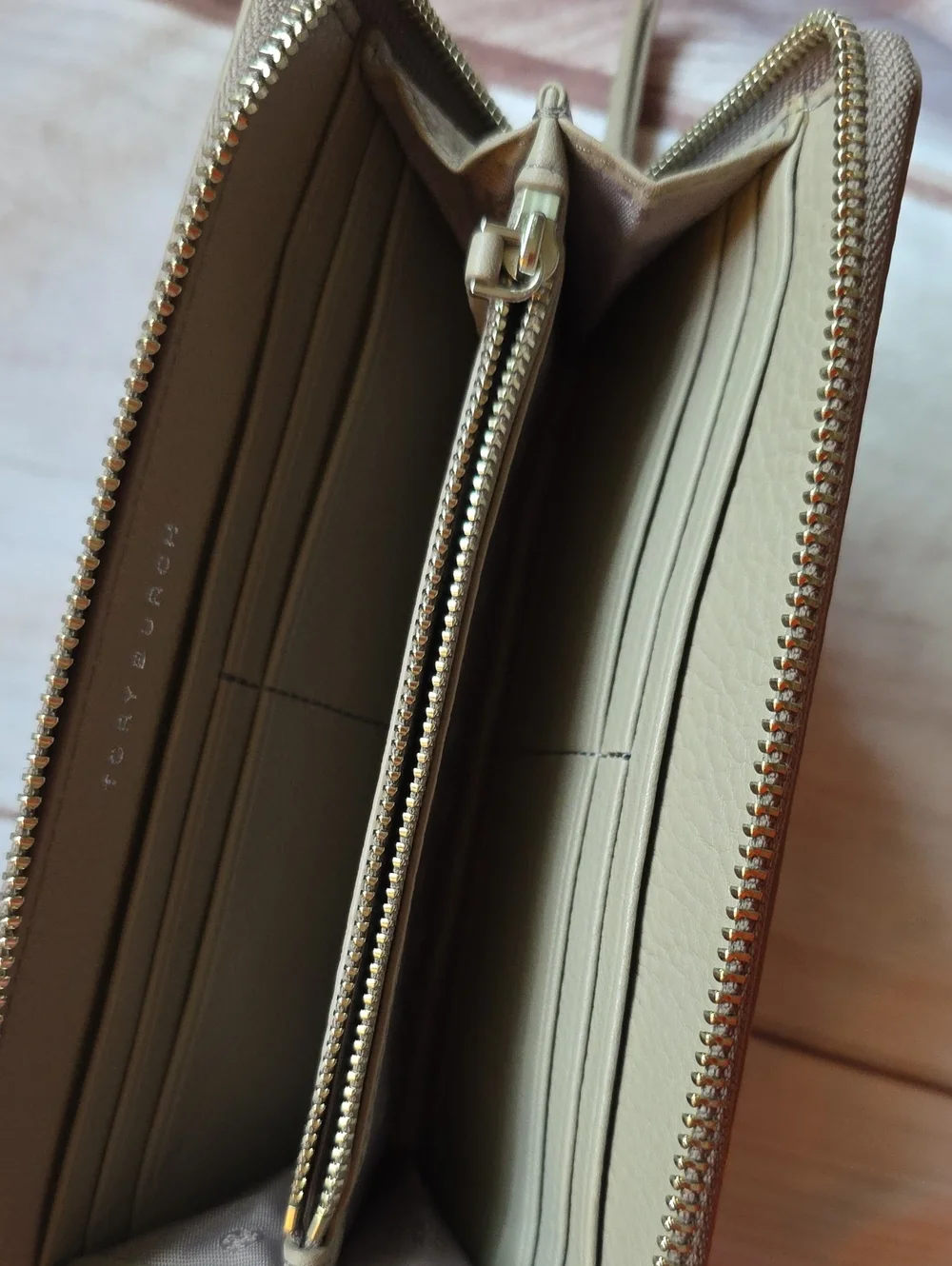 Tory Burch Britten Zip Continental Wallet in a Taupe French Grey Pebbled Leather